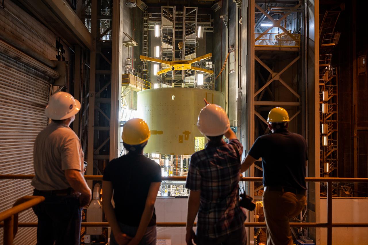Technicians at NASA’s Michoud Assembly Facility move the engine section of NASA’s Space Launch System rocket for Artemis IV from the Vertical Assembly Building to Cell G for weld priming. This hardware is the first large piece manufactured for the Artemis IV mission and makes up the lowest portion of the 212-foot-tall core stage. When complete, the engine section will house the four RS-25 engines and include vital systems for mounting, controlling and delivering fuel from the propellant tanks to the rocket’s engines. Together with its four RS-25 engines and its twin solid rocket boosters, it will produce 8.8 million pounds of thrust to send NASA’s Orion spacecraft, astronauts, and supplies beyond Earth’s orbit to the Moon and, ultimately, Mars. Offering more payload mass, volume capability, and energy to speed missions through space, the SLS rocket, along with NASA’s Gateway in lunar orbit, the Human Landing System, and Orion spacecraft, is part of NASA’s backbone for deep space exploration and the Artemis lunar program. No other rocket is capable of carrying astronauts in Orion around the Moon in a single mission.